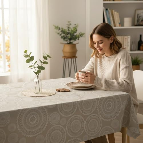 ECOMMERC3 Fleckabweisende Tischdecke für rechteckigen Tisch, Größe 240x140 cm | Schmutzabweisende Tischdecke, extra weich und wasserdicht, Mandala BEIGE