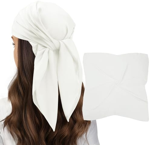 vimate White Satin Square Scarf-Women'S Fashion 27'' Silk Feeling Hair Head Scarf for Neck Wrap (Style 40-White)