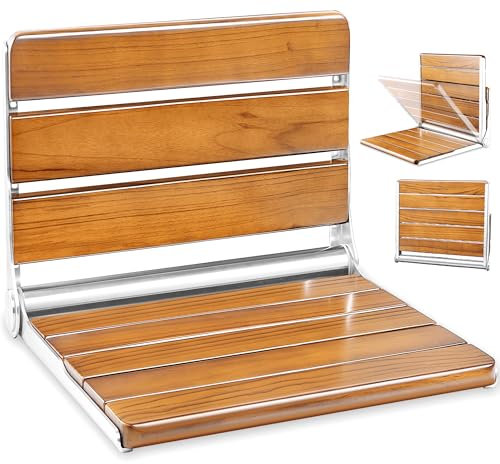 19 Folding Teak Shower Seat - Wall Mounted Bench, ADA Compliant, Folding Bathtub Seat for Kids, Adults & Elderly