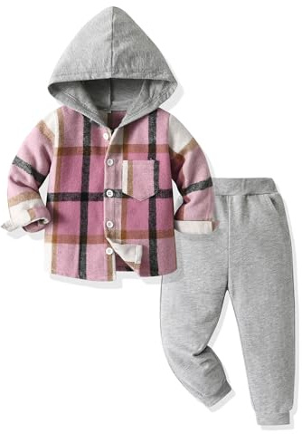 UUAISSO Ropa de bebé para niños pequeños Tops a cuadros con capucha sudadera pantalones Otoño Invierno Trajes Rosa 18-24 meses