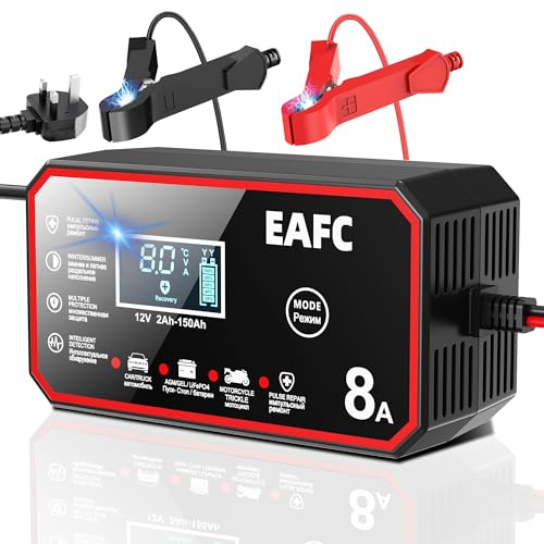 EAFC 12V 8A Smart Car Battery Charger Pulse Repair Fast Charge For Car/Truck/Motorcycle AGM GEL WET Lead Acid LiFePO4 Battery Charging With Repair ModeM, Short-Circuit Protection, LCD Screen