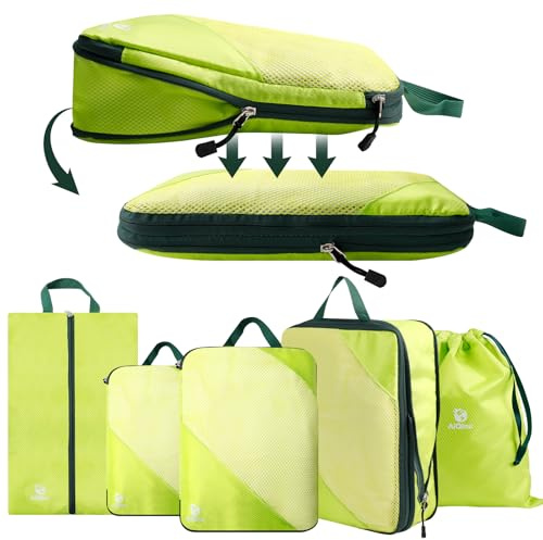 AiQInu Organizador de Maleta, 5 piezas Compression Packing Cubes Ultraligera,Expansible, Ahorro de Espacio Organizadores de Viaje Para Ropa, Ropa Interior,Bolsa Zapatos Viaje (Verde)