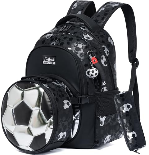 HTgroce Primärpojke ryggsäck barn ryggsäck pojke skolryggsäck med lunchväska barnväska, A-silver fotboll, 42 x 30 x 20 cm