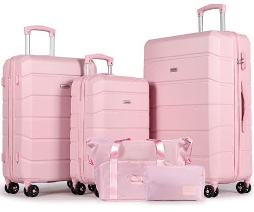 Tavoxda Suitcase Sets 5 Piece, Hard Shell Lightweight ABS Trolley Travel Luggage Set Spinner Wheels & TSA Lock with Travel Duffel Bag and Toiletry Bag -20”+24”+28”, Pink