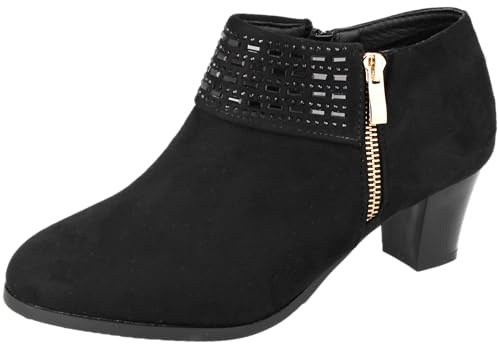 Cushion Walk Women's Zip Fastening Low Heel Ankle Boots with Bow Detail (Black Suede, 6, UK Footwear Size System, Adult, Women, Numeric, X-Wide, 6)
