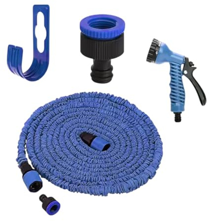 JR QualityProduct Tuyau d'arrosage extensible de 15,2 m, buse de pulvérisation 7 fonctions, support mural, bleu