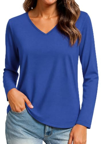 Wayleb Camiseta Mujer Manga Larga Cuello en V – Top Básico Elegante y Elástico, Ligero y Cómodo para Otoño e Invierno, Azul Marino L