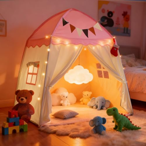 150cm XL Spielzelt Kinder Indoor mit Lichtern & Wimpelkette, Spielhaus Indoor Innenbettzelt Prinzessin Zelt, Kinderspielhaus, Kuschelecke Hauszelt Kinderzimmer Dekor ab 3 Jahre