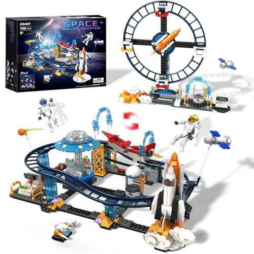 2 in 1 Espacio Bloques de construcción, Juguetes educativos con Cohetes, OVNIs, Satélites, Cápsulas espaciales, Montaña rusa Parque Municipal Juegos STEM , 764 piezas, Regalo para Chicos Niños 6+