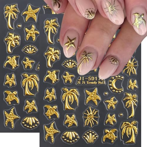 CharmeFleur 4 feuilles d'autocollants d'été pour ongles, autocollants en relief dorés 5D mer étoile de mer tortue palmier plage accessoires pour femmes et filles