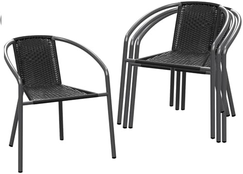 TANGJEAMER 4 Pack Patio Stackable Rattan Chairs, Indoor-Outdoor Restaurant Bistro Wicker Dining All-Weather Armchair Stack Chair, Black