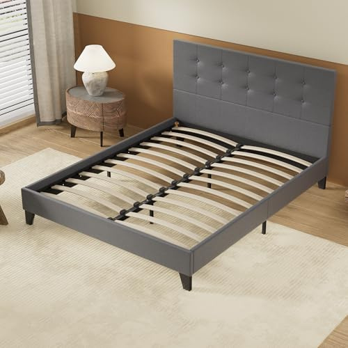 NOVEMBER Letto con rete e testiera capitonné – 120 x 190 cm – Rivestimento sintetico grigio – Stabile e robusto con piedi centrali di rinforzo