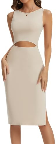 SHAPERIN Vestito Midi Donna Elegante Senza Maniche Sexy Cutout Abito Bodycon Abiti con Spacco Tubino Aderente Cocktail Festa Discoteca, Albicocca, L
