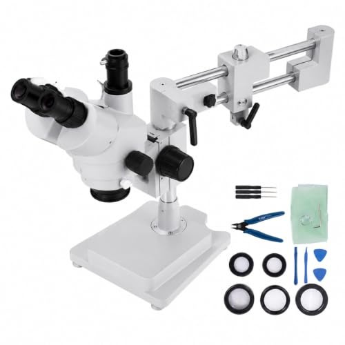 Microscope stéréo trinoculaire 3,5x-90x avec rotule à 360°, Support à Double Bras pour Laboratoire, Atelier et Inspection