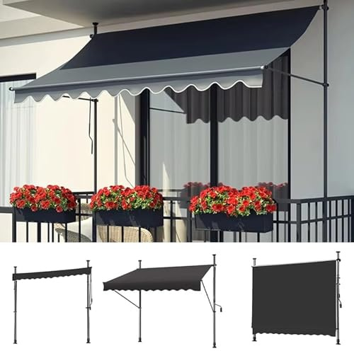 Vikbar infällbar utomhusmarkis – polyestertyg med hög täthet och aluminiumlegering, ingen borrmontering för terrasser, balkonger, uteplatser, kaféer – mörkgrå, 150 cm
