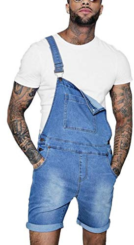 GUOCU Pantalones Cortos de Vaquero para Hombre Monos Peto Mezclilla Desgastados Slim Fit Roll Up Casual Trabajo Jumpsuit Azul claro M