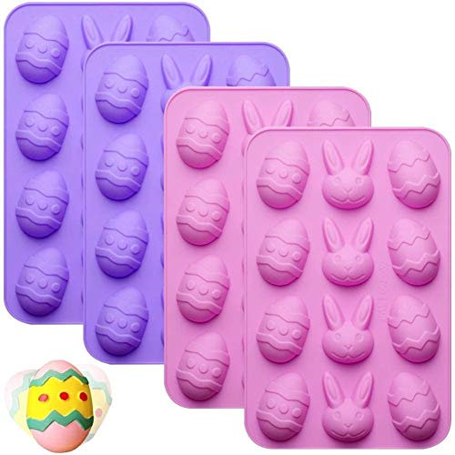 MZSM Ostern Silikonform Osterhase Ostereier Backform Kuchenform 3D Seifenform Silikon Schokoladenform Hitzebeständige für Osterdeko 12 Gitter 4 Farbe (gelb blau lila Rosa)