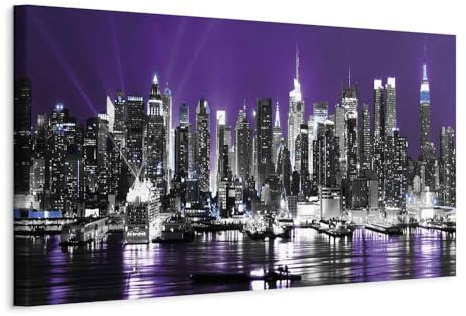 artgeist Acoustic Canvas Wall Art Print City New York 53x18 in - 1pcs Picture with Acoustic Foam Sound Print Artwork Room Acoustics Soundproofing Manhattan Skyline Violet Purple 9020127