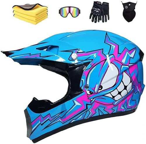 LVSENET Casque De Motocross Convient Enfants Casque De Cross Pour Enfant Casque Downhill Pour Enfants Casque Intégral Moto Cross VTT Avec Lunettes Gants (D,S(55~56cm))