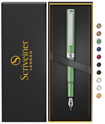 Scriveiner Luxus EDC Füllfederhalter (Mittel), Mattgrün Taschenfüller, verchromt, deutsche Schmidt Mine, Konverter, Schreibgeräte-Geschenkset für Männer und Frauen, Designerstift fürs Büro