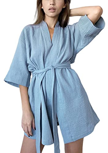 Ailan Crêpe coton Robe décontractée femmes deux couches gaze peignoirs courts à lacets maison mode absorbant la sueur vêtements de nuit d'été, Bleu, L