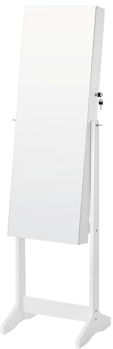 SONGMICS Specchio Portagioie da Terra, Armadietto Portagioie con Specchio a Figura Intera senza Cornice, Luce LED, 2 Cassetti, Serratura, Idea Regalo, Bianco Nuvola JJC023W01