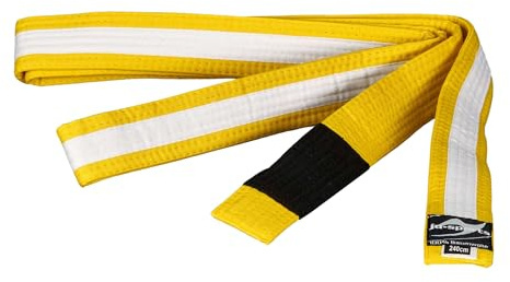 Ju-Sports BJJ barnbälte – gul med vita ränder, bomull 4 cm bred I BJJ-bälte med svart sektion för mellansteg I flera gånger quiltad I 260 cm