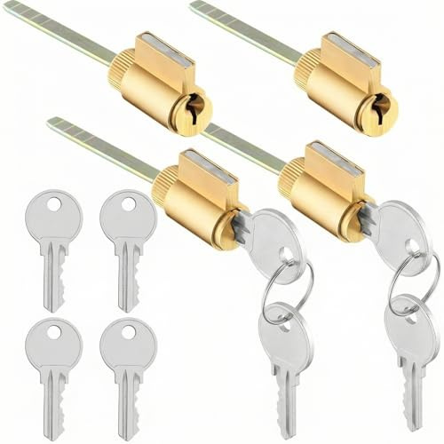 JaGely 4 Pcs Lock Cylinder 1.25 Inch Lock Replacement Parts Brass Door Cylinder with Hardened Break Away Tailpiece Brass Key with 8 Different Keys