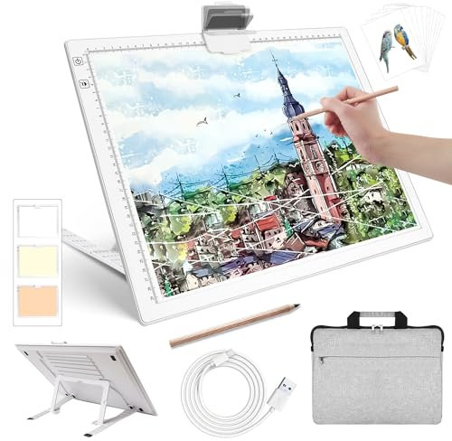 Tableau lumineux A3 rechargeable avec étui rembourré, tampon lumineux avec support, 3 couleurs à intensité variable et 6 niveaux de luminosité pour le traçage, la peinture au diamant, le dessin, les