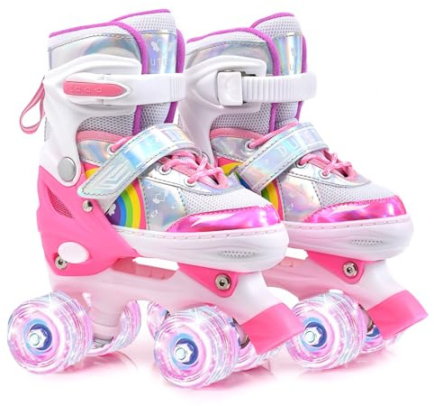 ERNAN Roller Enfant Filles et Garçons,Patin a Roulette Enfant 4 Taille Réglable, Roller Quad avec 8 Roues Lumineuses. Patins à roulettes pour Enfants pour débutants (Rainbow A, M)