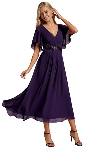 Ever-Pretty Vestito Donna Elegante Abito Cerimonia Donna con Applique e Collo V Midi Maniche a Volant Chiffon Stile Impero Viola Scuro 54