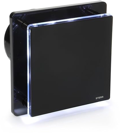 STERR Black Bathroom Fan 5 inches / 125 mm with LED + HYGROSTAT - Extractor Fan - Glass Front - Modern Look - BFS125LH-B - 20 W