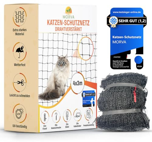 MORVA Katzennetz für Balkon ohne Bohren, 4x3m, schwarz, Katzennetz Drahtverstärkt, Befestigungsset inklusive, UV-beständig und bissfest, Katzengitter Fenster & Katzennetze für Balkon