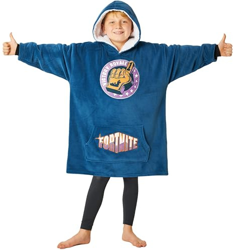 Fortnite Felpa Oversize Bambino Ragazzi 14+ Cappuccio Coperta Indossabile Extra Lungo Poncho Pile Giocatore Regali Bambini (Blu Bambini)