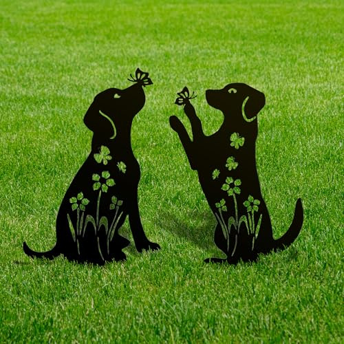 PokShow 2 Pack Decorative Garden Stakes - 15 Rust-Resistant Metal Dog Silhouette Outdoor Decor, Corten Steel Labrador Yard Art with Easy Installation for Gardens, Patios & Walkways (Black Lab Design)