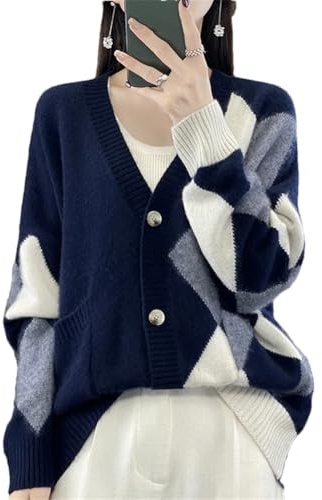 Cardigan da donna lavorato a maglia, 100% lana merino, con scollo a V, maglione a quadri a contrasto, Blu scuro, XL