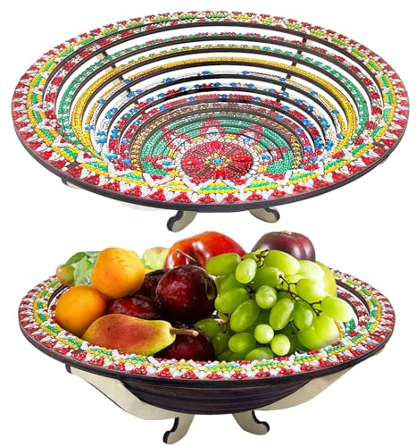 Bandeja redonda de pintura de diamante para manualidades, bandeja de madera para servir con diamante, bandeja de madera, retractable con soporte, pintura de diamantes, bandeja de madera, bandeja de