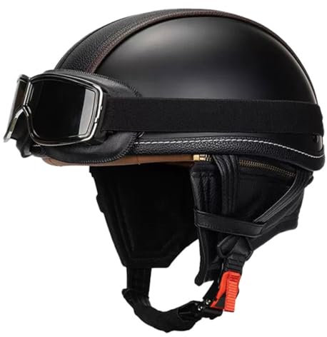 Vintage Motorradhelm Open Face Leder-Helm Winddichter Motorrad Roller Helm Mit Brille Jethelm Straßenhelm Für Damen Und Herren ECEDOT Zertifizierung Halbschalenhelm 10,M:57-58CM