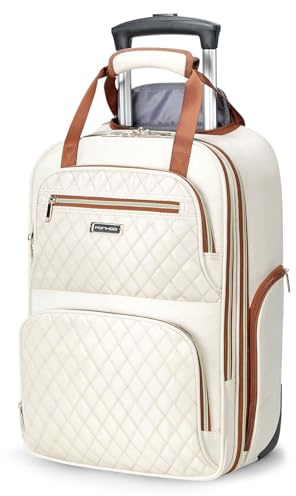 Ponhog Rolling Laptop Travel Backpack with Wheels for Women - 15.6 Inch Laptop Wheeled Backpack, Carry on Trolley Suitcase Black Computer Bag for Adults Business College Work Overnight, Beige