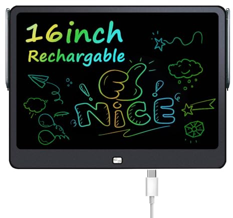 Rechargeable LCD Writing Tablet for Kids, 16 Inch Colorful Drawing Tablet, Educational Toddler Drawing Pad, ​Reusable Learning Toys for Kids (Ages 3-12), Ideal Gift for Christmas Birthday (Black)