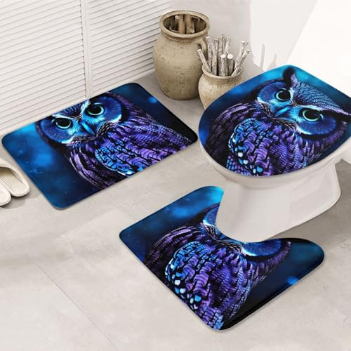 Juego De 3 Alfombrillas De Baño Búho Azul 3 Alfombrillas De Baño Antideslizantes Absorbentes Alfombras De Cama, para Bathroom, Cocina, Dormitorio