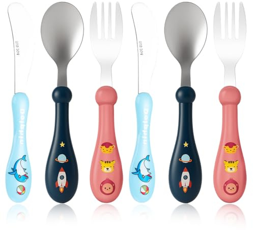 EJRUP Lot de Couverts enfants en inox 6 Pièces,2 x Fourchettes, 2 x Cuillères, 2 x Couteaux,Set Couvert Bebe pour Garçons Filles,pour Garçons Filles Maison l'école Utilisation(Animaux)