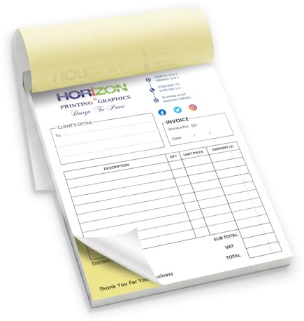 Personalised A5 Duplicate Invoice Book/Bill Book/NCR Pad/Receipt Book Printing, Custom Carbonless 2-Part, 50 Sets per Book