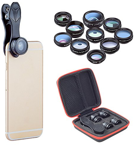 BW Smartphone Kit de lente 10 – 15 x Macro lente, 0,63 x lente gran angular, 198-degree lente ojo de pez, X2 telescópica lente, filtros