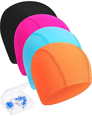 Hestya 4 Pieces Swim Caps, Lightweight Swimming Caps Suitable for Kids, Women, Men While Swimming, Come with Nose Clip and Ear Plugs