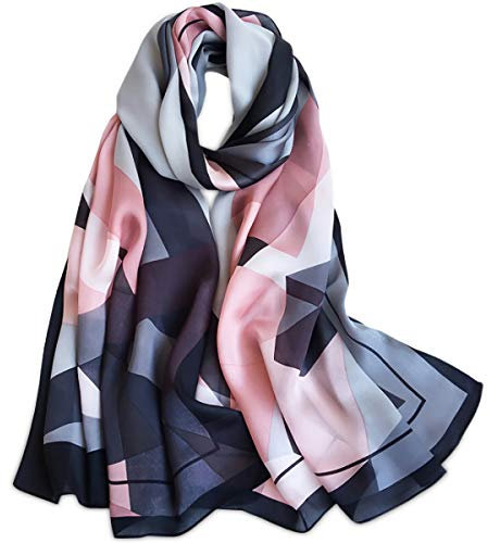 LumiSyne Seidenschal Damen Warm Weich Seidentuch Herbst Winter Retro Gedruckt Geometrisch Streifen Muster Weich Warm Lange Halstücher Sonnenschut Stola Ganzjährig