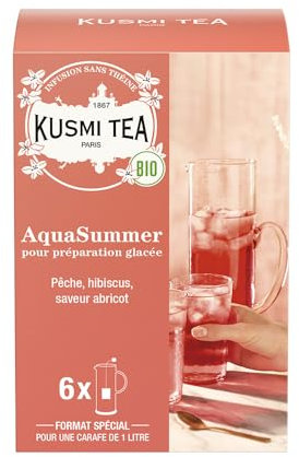 Kusmi Tea - AquaSummer - Eistee - Bio-Früchteteemischung aus Hibiskus, Apfel, Aprikose und Pfirsich - Koffeinfreier Hibiskustee - 6 Große Teebeutel, 48 Gr