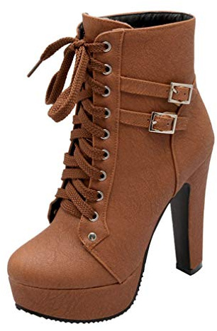 Birdsight Mode Bottine Femme à Lacets Cheville Courtes Hiver Ankle Boots Boucle Plateforme Talon Bloc Carrés Haut Chaussures Chaud Winter Bootie Chunky Heels(Marron,37)