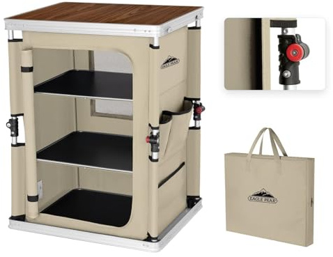 EAGLE PEAK Outdoor Folding Camping Table with Large 3-Tier Storage Organizer and Side Pockets, Easy Set Up Portable Aluminum Camping Kitchen, Beige