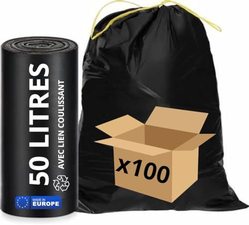 SANY Sacs poubelles 50 L Noirs Rouleaux | Lien coulissant | Lot de 100 Sacs 50l Anti Fuite | Transport et Fermeture Faciles Poignées Coulissantes | Ultra Résistant | 35 microns, Noir
